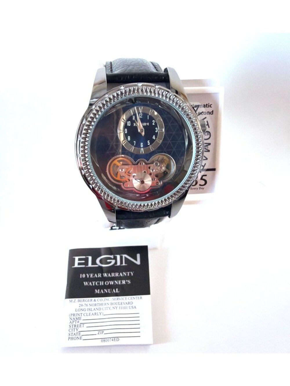 Elgin Mens Watch Automatic FG7080B Caseback Skeleton Genuine Leather Strap NEW
